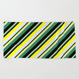 [ Thumbnail: Sea Green, Black, Yellow, and Lavender Colored Stripes Pattern Beach Towel ]