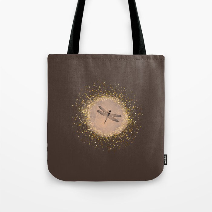 Sketched Dragonfly and Gold Circle Frame on Dark Brown Tote Bag