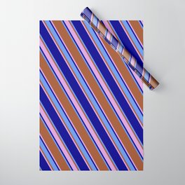 [ Thumbnail: Sienna, Plum, Dark Blue & Cornflower Blue Colored Lines/Stripes Pattern Wrapping Paper ]