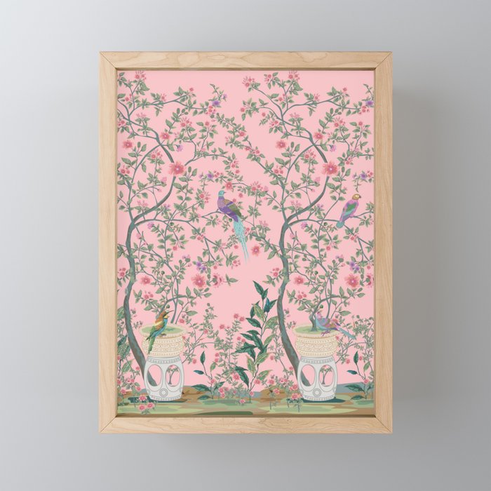 Chinoiserie Pink Fresco Floral Garden Birds Oriental Botanical Framed Mini Art Print