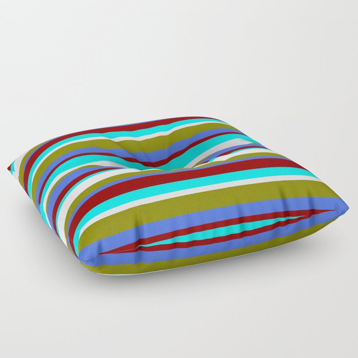 Colorful Green, Royal Blue, Dark Red, Cyan & Lavender Colored Lined Pattern Floor Pillow