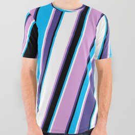 [ Thumbnail: Eye-catching Plum, Dark Slate Blue, Black, Deep Sky Blue & White Colored Lined/Striped Pattern All Over Graphic Tee ]