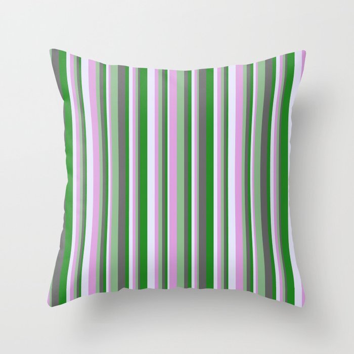 Vibrant Forest Green, Dim Grey, Dark Sea Green, Plum, and Lavender Colored Lined/Striped Pattern Throw Pillow
