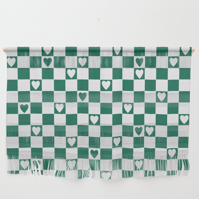 Checkered hearts teal and white Wall Hanging