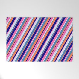 [ Thumbnail: Colorful Lavender, Blue, Coral, Dark Blue, and Hot Pink Colored Lines/Stripes Pattern Welcome Mat ]