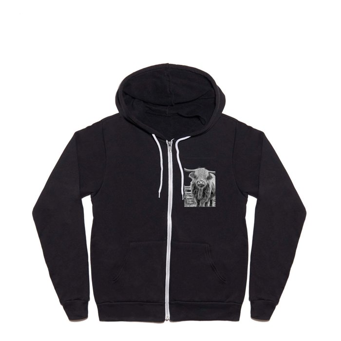 Highland Cow in a Fence Black and White Full Zip Hoodie