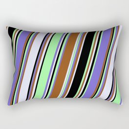 [ Thumbnail: Eyecatching Slate Blue, Brown, Lavender, Black & Green Colored Stripes Pattern Rectangular Pillow ]
