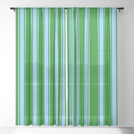 [ Thumbnail: Green and Light Sky Blue Colored Striped Pattern Sheer Curtain ]