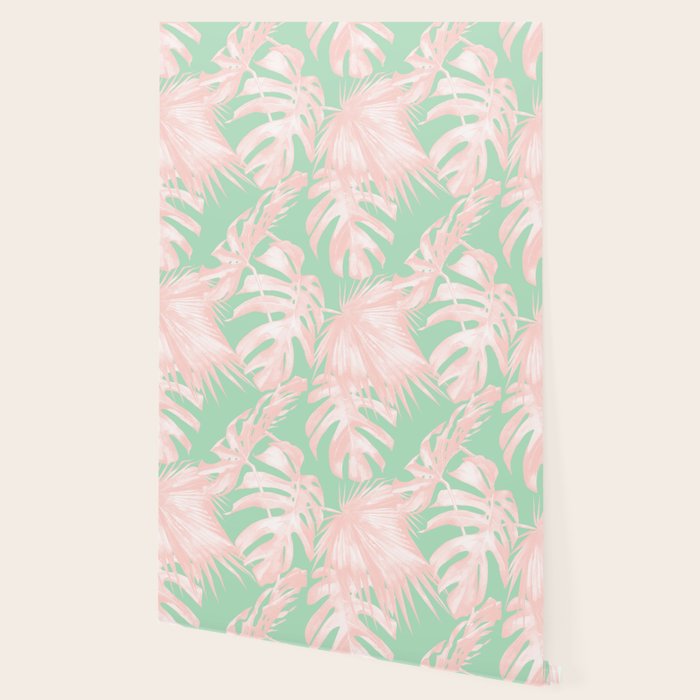Tropical Palm Leaves Coral Pink Mint Green Wallpaper by ...