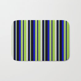 [ Thumbnail: Light Grey, Green, Blue & Black Colored Lined Pattern Bath Mat ]