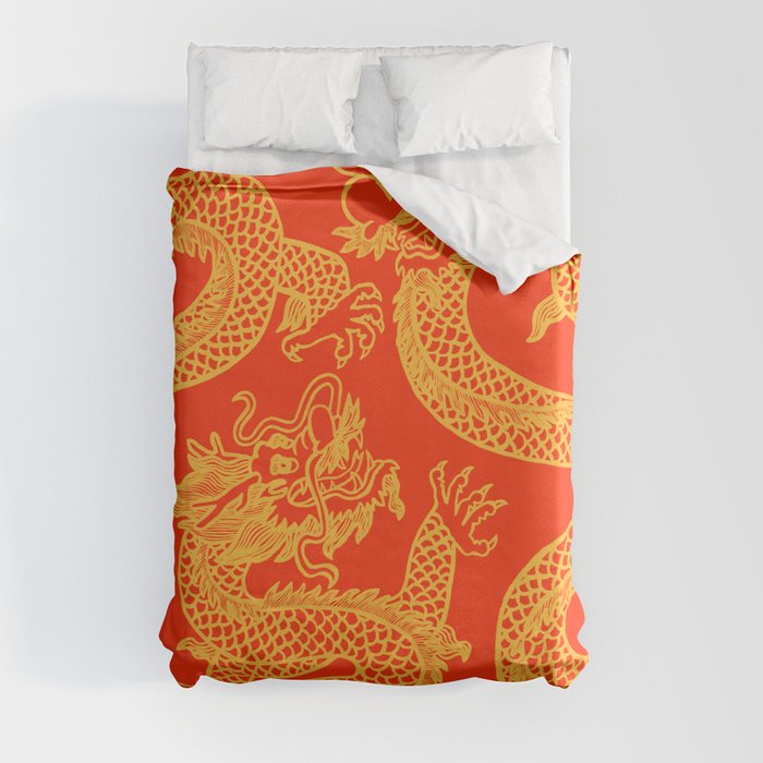 Red and Gold Battling Dragons Duvet Cover