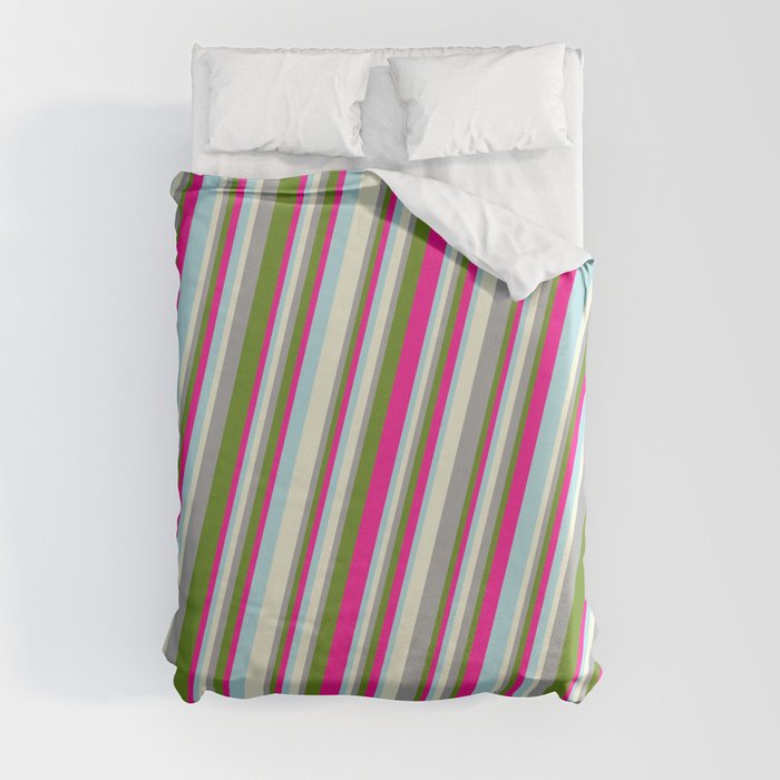 Beige, Dark Gray, Green, Deep Pink, and Powder Blue Colored Stripes Pattern Duvet Cover