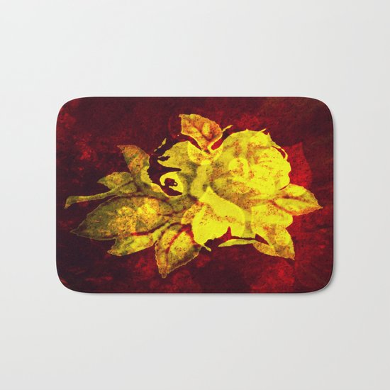 Yellow rose on dark red with hearts background Bath Mat