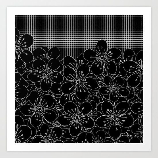 Cherry Blossom Grid Black Art Print