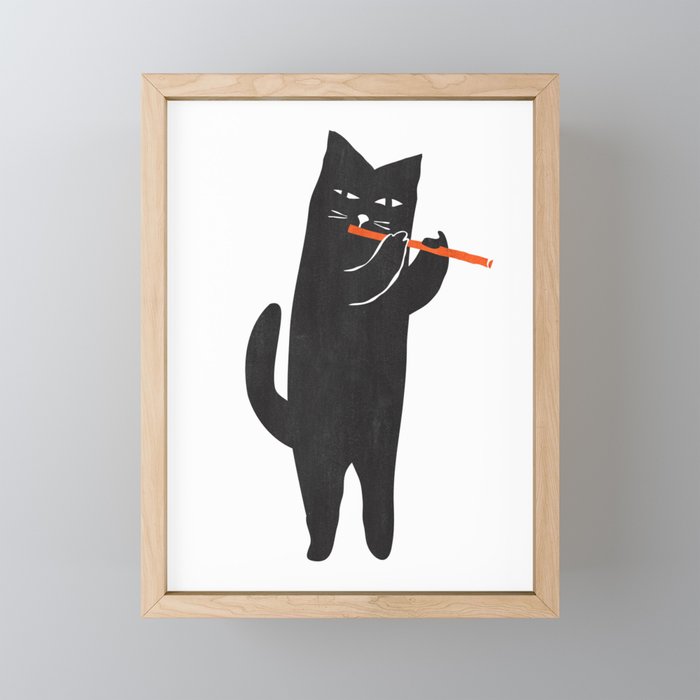 Black cat with flute Framed Mini Art Print