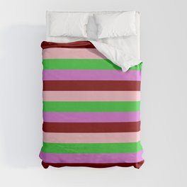 [ Thumbnail: Lime Green, Orchid, Maroon, and Pink Colored Stripes/Lines Pattern Duvet Cover ]