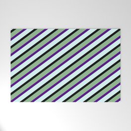[ Thumbnail: Dark Sea Green, Indigo, Light Cyan, and Black Colored Striped Pattern Welcome Mat ]