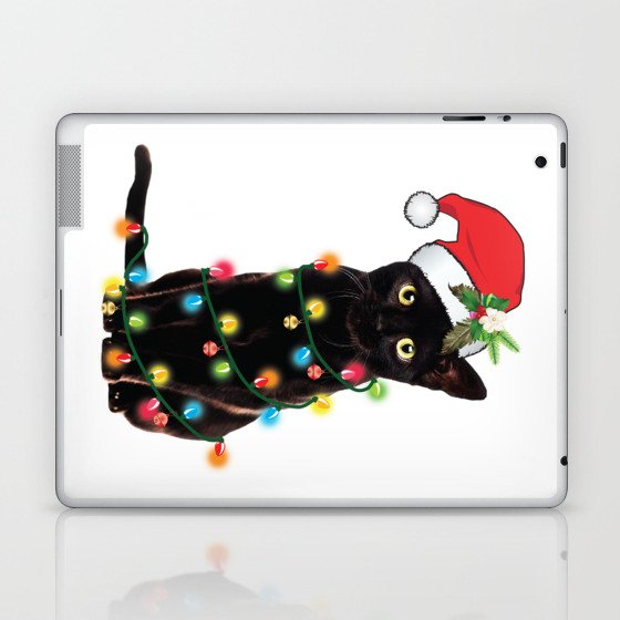 Santa Black Cat Tangled Up In Lights Christmas Santa Graphic Laptop & iPad Skin