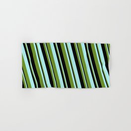 [ Thumbnail: Green, Black & Turquoise Colored Lines Pattern Hand & Bath Towel ]