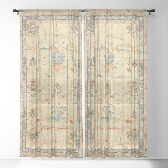 Fine Crafted Old Century Authentic Colorful Yellow Dusty Blues Greys Vintage Rug Pattern Sheer Curtain
