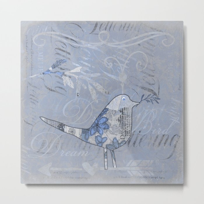 Blue Patchwork Bird Collage with Typography Metal Print