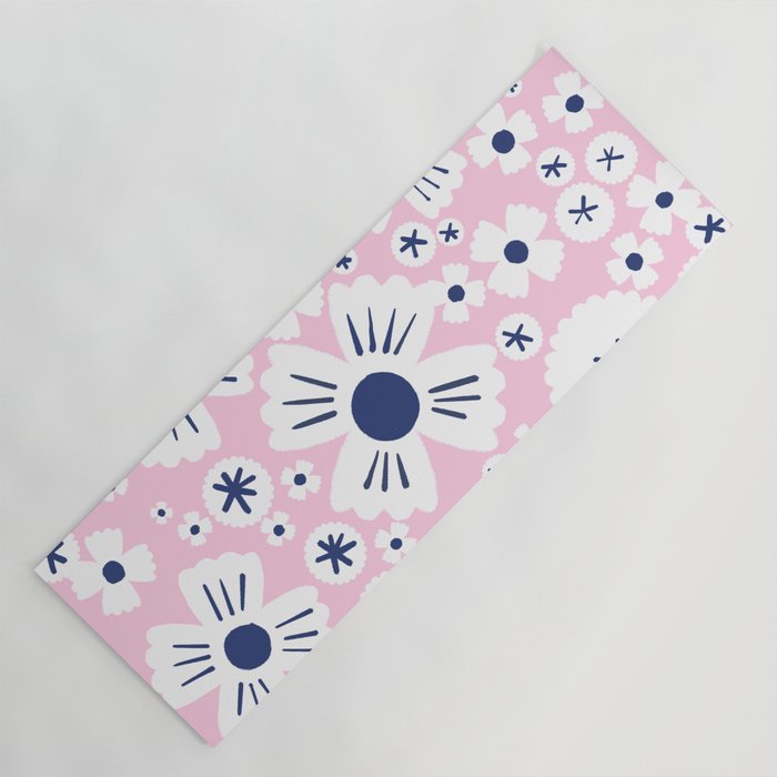 Modern Pastel Pink and Navy Daisy Flowers Yoga Mat