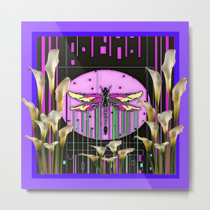 Purple Art Nouveau Calla Lilies Dragonfly Art Metal Print