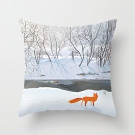Fox in the winter forest hunting a duck Throw Pillow