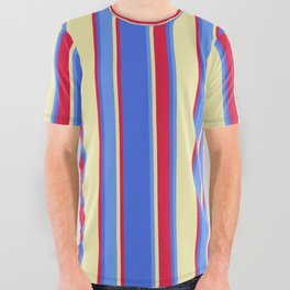[ Thumbnail: Pale Goldenrod, Cornflower Blue, Royal Blue & Crimson Colored Striped/Lined Pattern All Over Graphic Tee ]