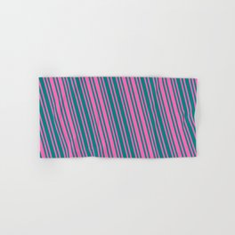 [ Thumbnail: Hot Pink and Teal Colored Pattern of Stripes Hand & Bath Towel ]