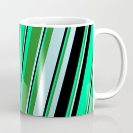 [ Thumbnail: Green, Forest Green, Powder Blue, and Black Colored Striped/Lined Pattern Coffee Mug ]