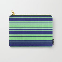 [ Thumbnail: Midnight Blue and Light Green Colored Striped/Lined Pattern Carry-All Pouch ]
