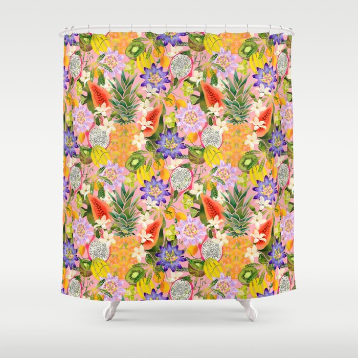 Tropical Trip Fruit and Flowers - Pink Shower Curtain