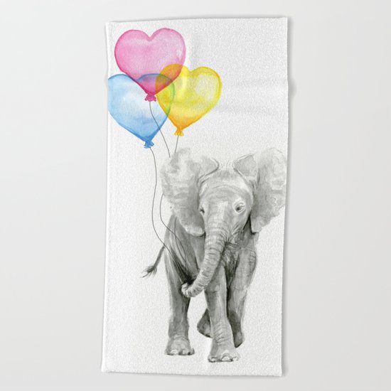 Elephant Watercolor with Balloons Rainbow Hearts Baby Whimsical Animal Nursery Prints Beach Towel