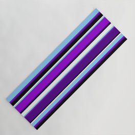 [ Thumbnail: Vibrant Light Sky Blue, Dark Violet, Indigo, Black, and Mint Cream Colored Striped Pattern Yoga Mat ]