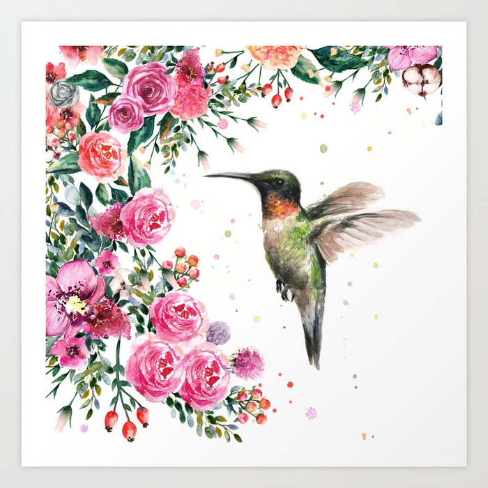 Hummingbird and Flowers Watercolor Animals Art Print