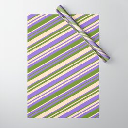 [ Thumbnail: Purple, Green, and Bisque Colored Lined Pattern Wrapping Paper ]