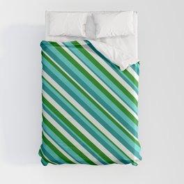 [ Thumbnail: Turquoise, Dark Cyan, Mint Cream, and Green Colored Lined Pattern Duvet Cover ]