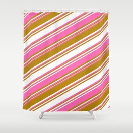 [ Thumbnail: Dark Goldenrod, White, and Hot Pink Colored Stripes/Lines Pattern Shower Curtain ]