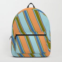 [ Thumbnail: Brown, Green, Powder Blue & Blue Colored Stripes Pattern Backpack ]