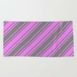 [ Thumbnail: Grey & Violet Colored Striped Pattern Beach Towel ]