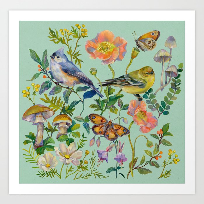 Flower Birds Garden Art Print
