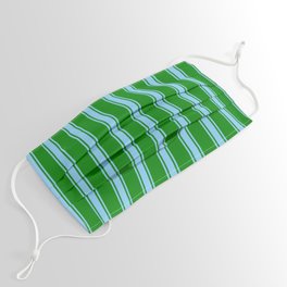 [ Thumbnail: Green and Light Sky Blue Colored Striped Pattern Face Mask ]