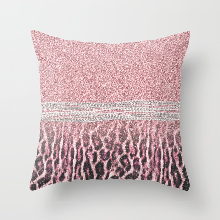 Chic Girly Pink Leopard animal print Glitter Image Throw Pillow