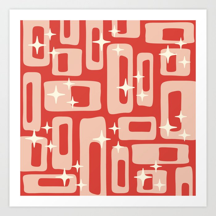 Retro Mid Century Modern Abstract Pattern 129 Red and Beige Art Print