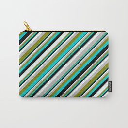 [ Thumbnail: Colorful Grey, Green, Dark Turquoise, Black, and Mint Cream Colored Lined/Striped Pattern Carry-All Pouch ]
