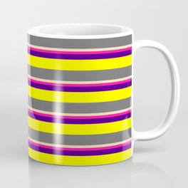 [ Thumbnail: Tan, Deep Pink, Indigo, Yellow, and Dim Gray Colored Striped Pattern Coffee Mug ]