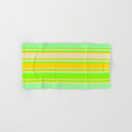 [ Thumbnail: Green, Chartreuse, Yellow & Tan Colored Stripes/Lines Pattern Hand & Bath Towel ]