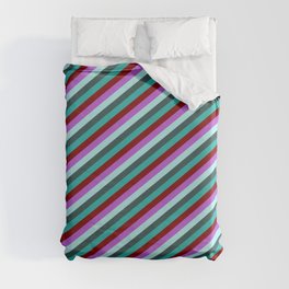 [ Thumbnail: Eyecatching Orchid, Turquoise, Dark Slate Gray, Light Sea Green & Maroon Colored Stripes Pattern Duvet Cover ]