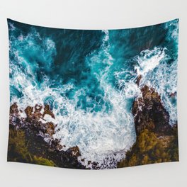 Aerial view of ocean waves pattern and fantastic rocky coast  Wall Tapestry
